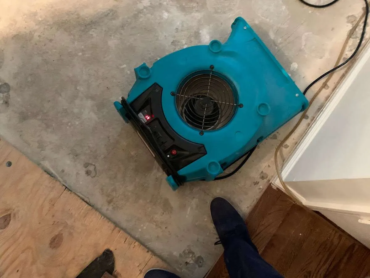 Air mover drying subfloor during Commercial Water Damage Restoration in Pullman